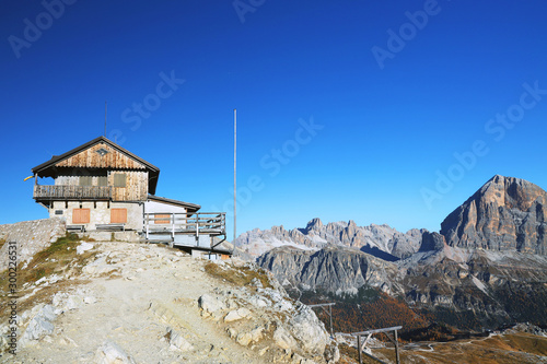 Built in 1883, the mountain hut Rifugio Nuvolau is the oldest refuge in the Dolomites, built on the summit of Mount Nuvolau (2575 metres), Italy, Europe