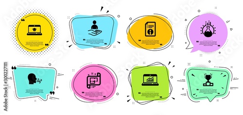 Architectural plan, Recruitment and Breathing exercise line icons set. Chat bubbles with quotes. Chemistry experiment, Technical info and Online statistics signs. Vector