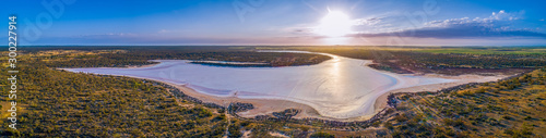 Wide panorama of pink salt lake Kenyon in Murray-Sunset National Park