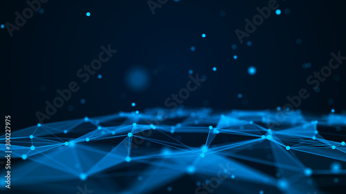 Abstract digital background. Space filled with polygons and dots. 3D wave.