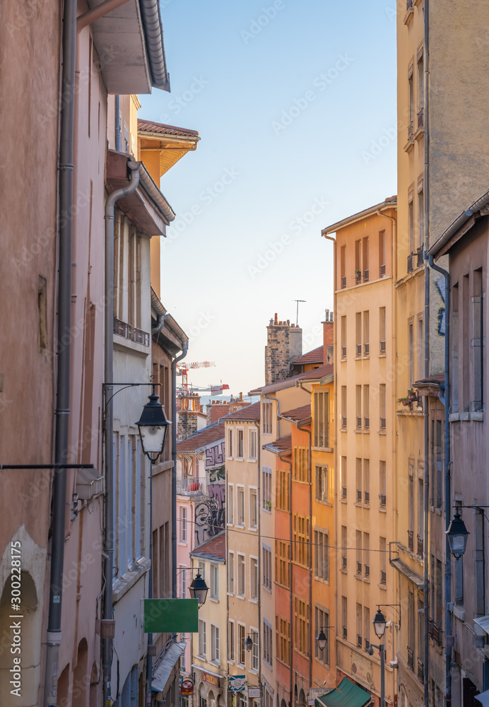 Lyon, France - 10 26 2019: Colorful facades of Ascent of the Grande-Côte