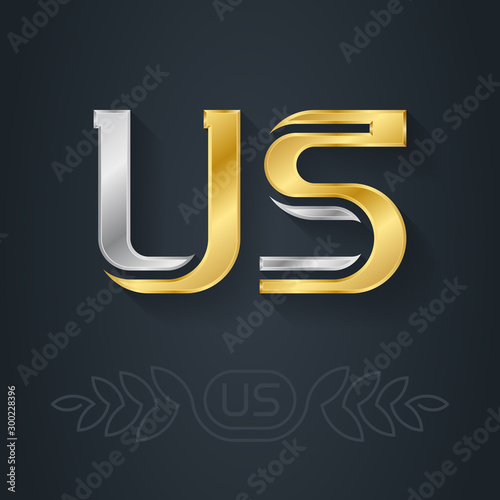 US - abbreviation of the United States of America. Metallic 3d icon or logotype template. U and S - initials or logo. Design element with lineart option. Gold and silver.