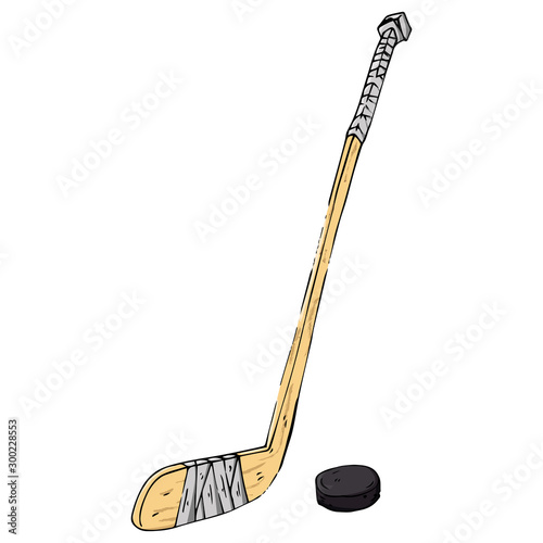 Hockey stick with puck. Vector illustration of a hockey stick. Hand drawn sports equipment hockey stick for playing hockey with a puck.