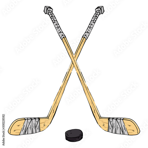 Hockey stick with puck. Vector illustration of a hockey stick. Hand drawn sports equipment hockey stick for playing hockey with a puck.