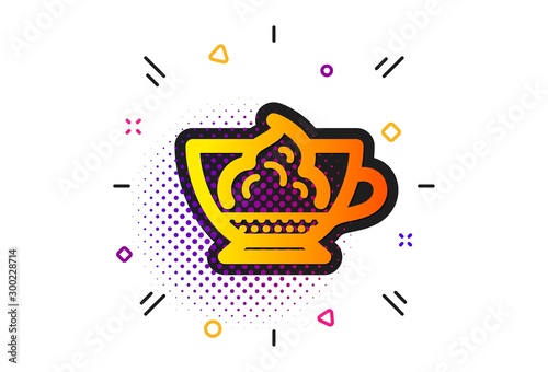 Hot coffee drink sign. Halftone circles pattern. Espresso with whipped cream icon. Beverage symbol. Classic flat espresso cream icon. Vector