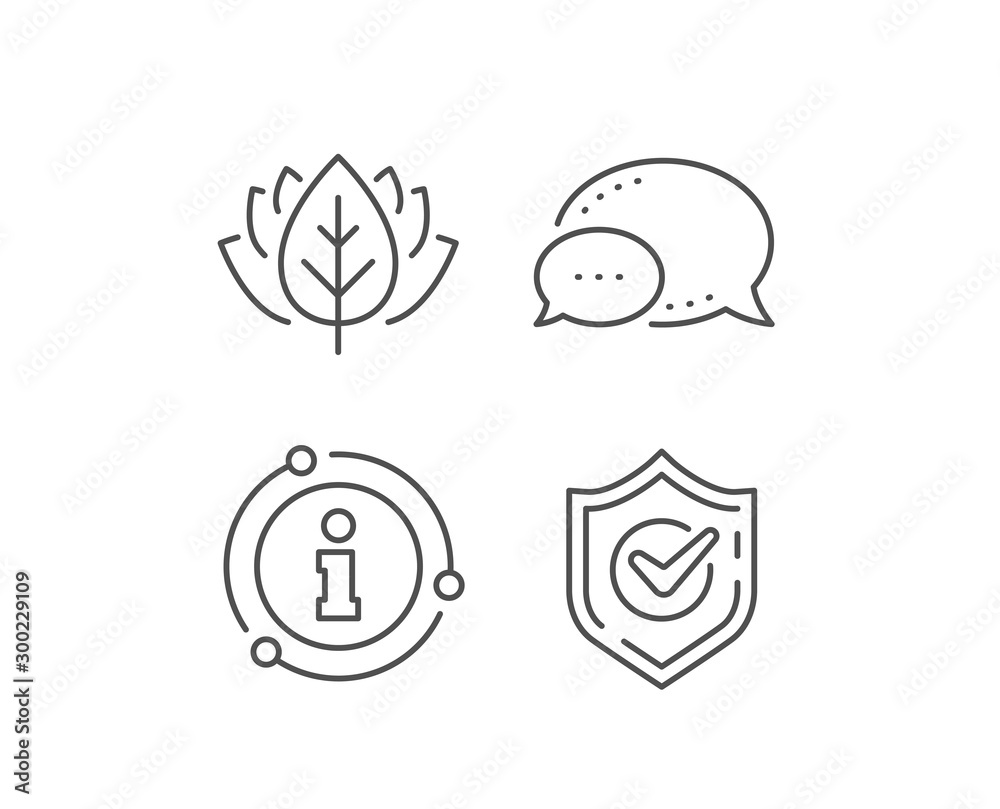 Check mark line icon. Chat bubble, info sign elements. Accepted or Approve sign. Tick shield symbol. Linear confirmed outline icon. Information bubble. Vector