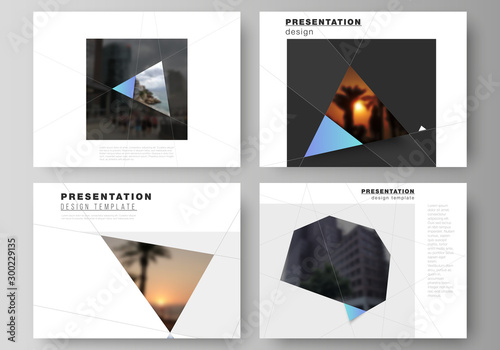The minimalistic abstract vector layout of the presentation slides design business templates. Creative modern background with blue triangles and triangular shapes. Simple design decoration.