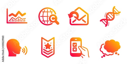 Human sing, Shoulder strap and Mobile survey line icons set. Send mail, International Ð¡opyright and Chemistry dna signs. Trade infochart, Speech bubble symbols. Talk, Star rank. Vector