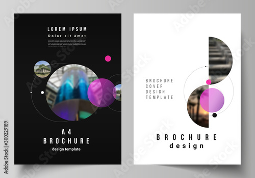 Vector layout of A4 format modern cover mockups design templates for brochure, flyer, booklet, report. Simple design futuristic concept. Creative background with circles that form planets and stars.