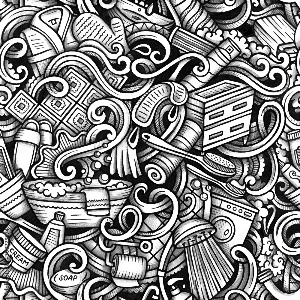 Bathroom vector hand drawn doodles seamless pattern. Graphics background design.