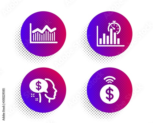 Report timer, Pay and Money diagram icons simple set. Halftone dots button. Contactless payment sign. Growth chart, Beggar, Currency diagram. Financial payment. Finance set. Vector