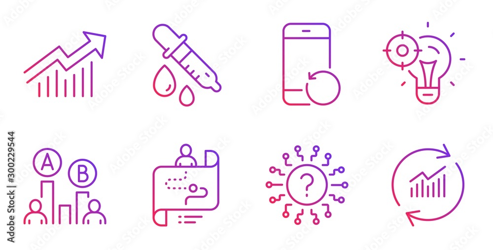 Seo idea, Recovery phone and Ab testing line icons set. Journey path, Question mark and Demand curve signs. Chemistry pipette, Update data symbols. Performance, Backup smartphone. Vector Seo idea, Recovery phone and Ab testing line icons set. Journey path, Question mark and Demand curve signs. Chemistry pipette, Update data symbols. Performance, Backup smartphone. Vector
