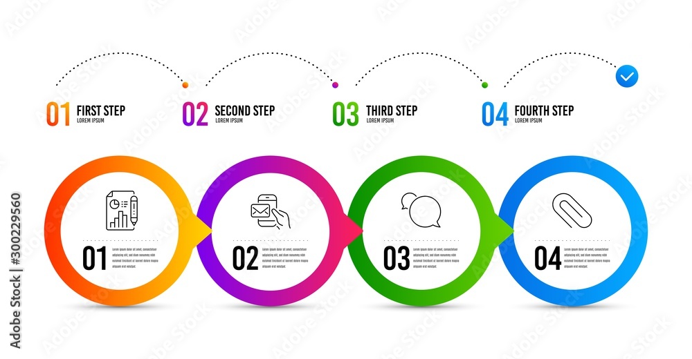 Messenger mail, Messenger and Report document line icons set. Timeline infographic. Paper clip sign. New e-mail, Speech bubble, Growth chart. Attach paperclip. Education set. Vector Messenger mail, Messenger and Report document line icons set. Timeline infographic. Paper clip sign. New e-mail, Speech bubble, Growth chart. Attach paperclip. Education set. Vector