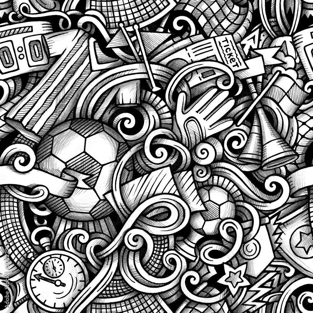 Football vector hand drawn doodles seamless pattern. Graphics background design.