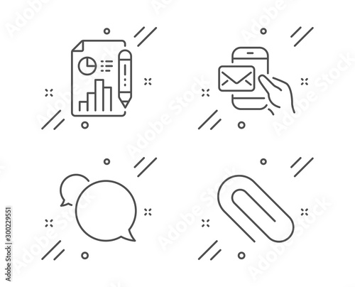 Messenger mail, Messenger and Report document line icons set. Paper clip sign. New e-mail, Speech bubble, Growth chart. Attach paperclip. Education set. Line messenger mail outline icon. Vector