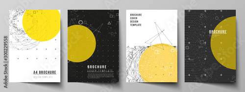 Vector layout of A4 format modern cover mockups design templates for brochure, magazine, flyer, report. Science or technology 3d background with dynamic particles. Chemistry and science concept.