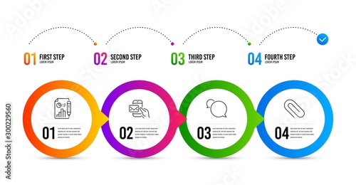 Messenger mail, Messenger and Report document line icons set. Timeline infographic. Paper clip sign. New e-mail, Speech bubble, Growth chart. Attach paperclip. Education set. Vector
