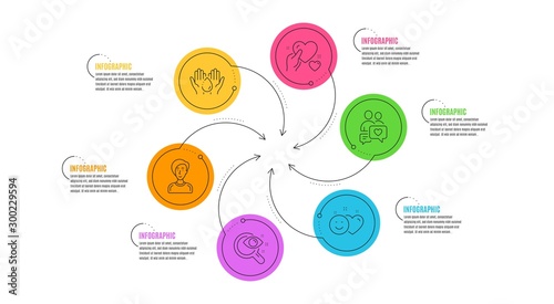 Businesswoman person, Smile and Wash hands line icons set. Infographic timeline. Dating chat, Hold heart and Vision test signs. Female user, Social media like, Skin care. People love. Vector