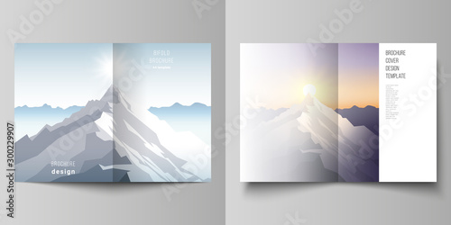 Vector layout of two A4 format modern cover mockups design templates for bifold brochure, magazine, flyer. Mountain illustration, outdoor adventure. Travel concept background. Flat design vector.