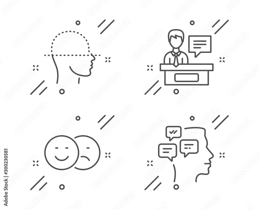 Fototapeta premium Face scanning, Like and Exhibitors line icons set. Messages sign. Faces detection, Social media dislike, Information desk. Notifications. People set. Line face scanning outline icon. Vector