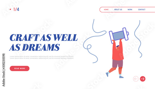 Sewing Atelier Workshop Website Landing Page. Tailor Worker or Dressmaker Holding Skein Thread above Head. Textile Clothing Manufacturing, Fashion Web Page Banner. Cartoon Flat Vector Illustration