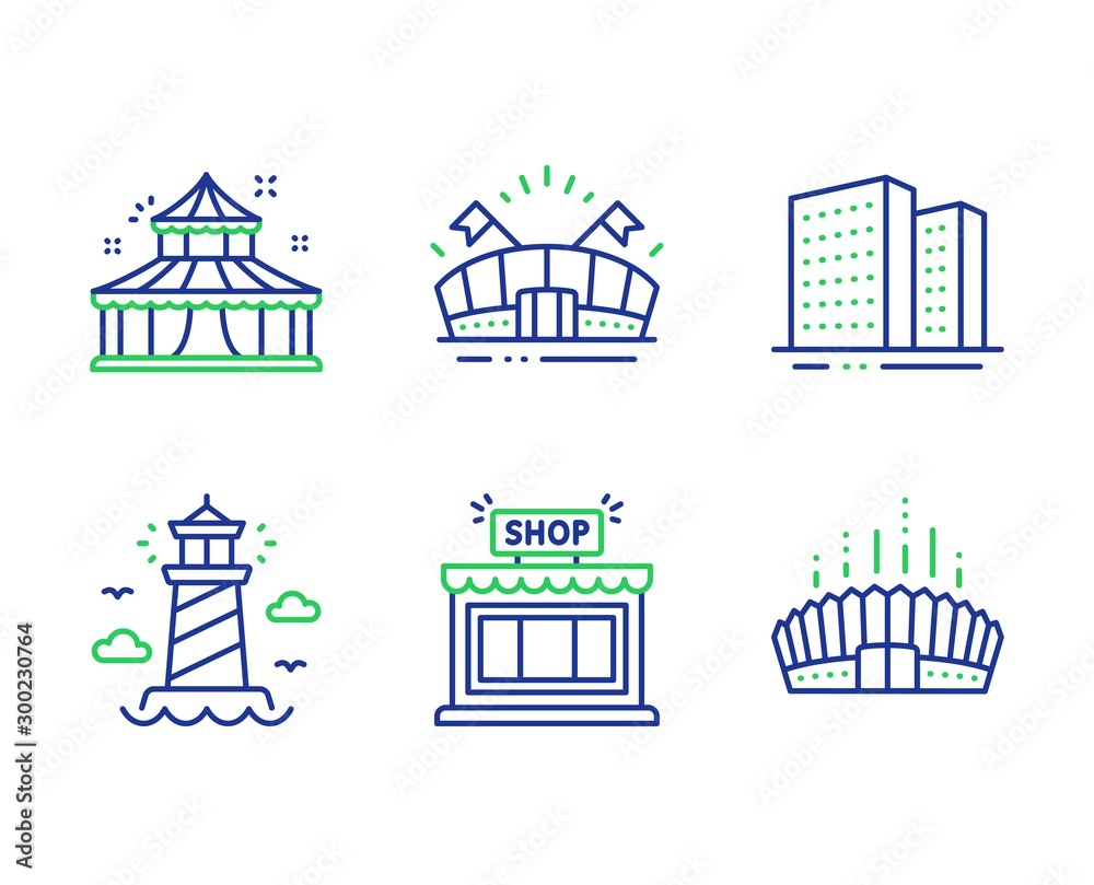 Circus, Buildings and Shop line icons set. Lighthouse, Sports arena and Arena stadium signs. Attraction park, Town apartments, Store. Beacon tower. Buildings set. Line circus outline icons. Vector