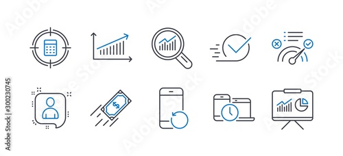 Set of Education icons, such as Data analysis, Chart, Calculator target, Correct answer, Recovery phone, Time management, Fast payment, Checkbox, Developers chat, Presentation line icons. Vector