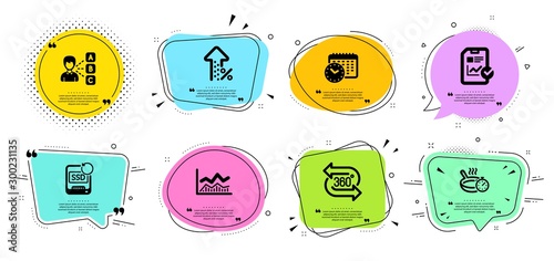 Calendar time, Recovery ssd and Trade infochart line icons set. Chat bubbles with quotes. Frying pan, Report checklist and 360 degree signs. Increasing percent, Opinion symbols. Vector