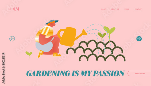 Horticulture and Olericulture Hobby Website Landing Page. Happy Woman Gardening Watering Plants from Can. Homework Character Care of Flowers and Herbs Web Page Banner. Cartoon Flat Vector Illustration