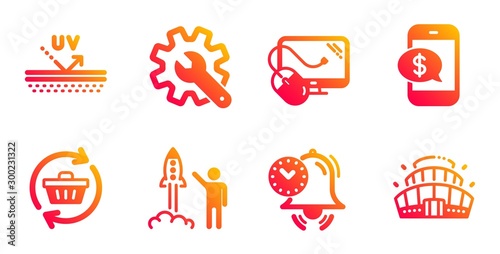 Phone payment, Launch project and Uv protection line icons set. Customisation, Refresh cart and Time management signs. Computer mouse, Arena stadium symbols. Mobile pay, Business innovation. Vector