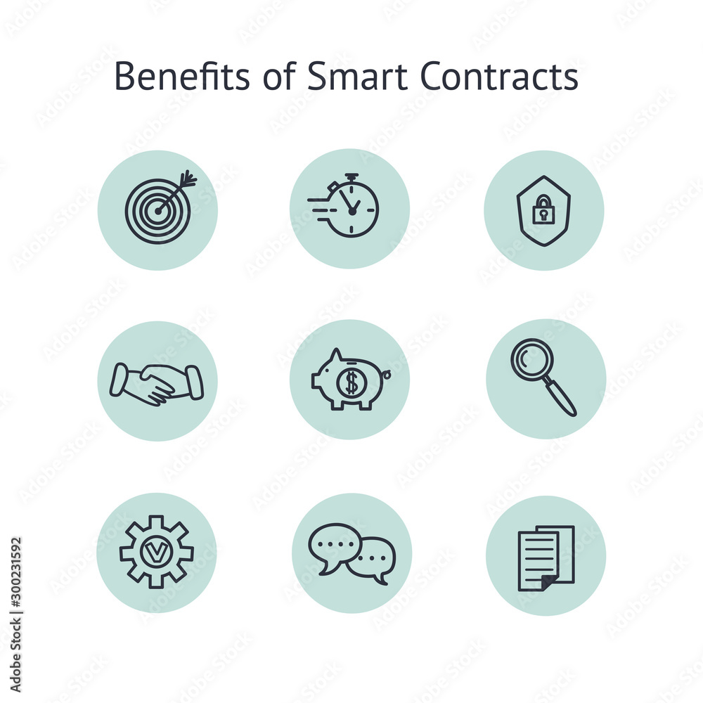 Benefits of smart contract icons set. Collection of line art elements of advantages of blockchain technology Benefits of smart contract icons set. Collection of line art elements of advantages of blockchain technology