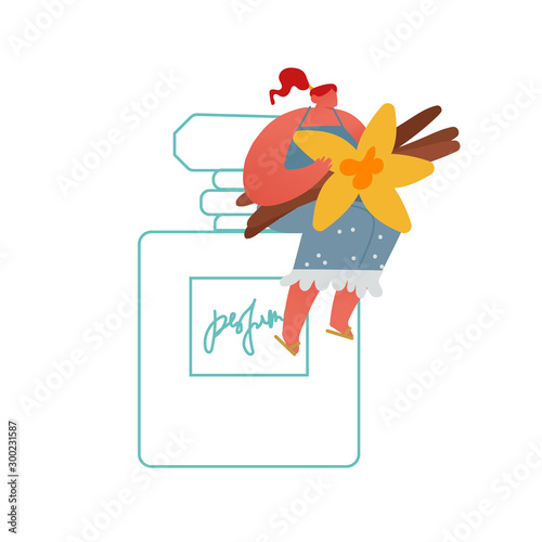 Tiny Perfumer Character Sitting on Huge Perfumery Bottle Holding Ingredients for Creating New Toilet Water Perfume Composition Vanilla Flowers and Sticks. Cartoon Flat Vector Illustration, Line Art