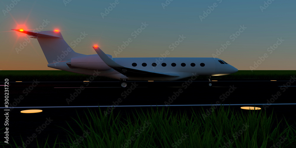Luxury business jet on runway. Extremely detailed and realistic high resolution 3d illustration
