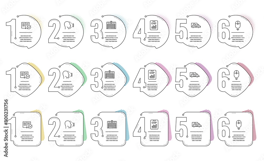 Parking garage, Scroll down and Face id line icons set. Infographic timeline. Truck transport, Approved documentation and Report document signs. Vector