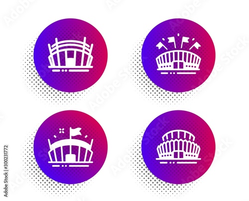 Arena stadium, Sports arena and Sports stadium icons simple set. Halftone dots button. Sport complex. Sports set. Classic flat arena stadium icon. Vector
