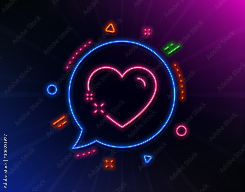 Heart line icon. Neon laser lights. Love emotion sign. Valentine day symbol. Glow laser speech bubble. Neon lights chat bubble. Banner badge with heart icon. Vector