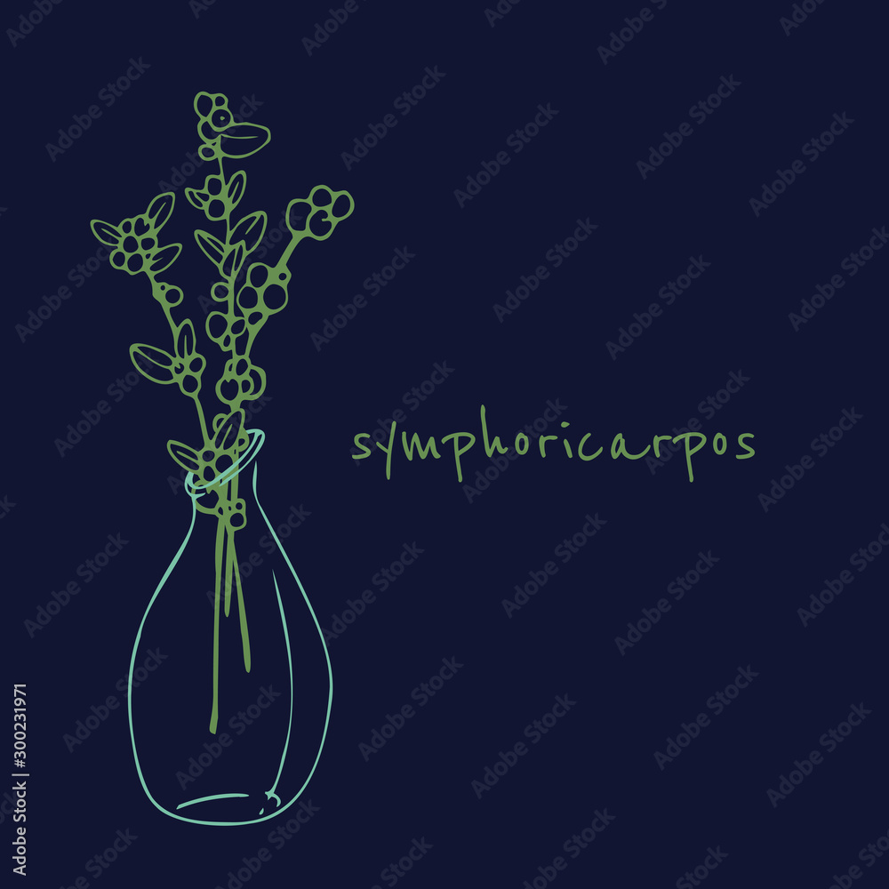 Contrast illustration with hand drawn graphic in vector. Ink graphic with snowberry Symphoricarpos. Line vector sketch for vintage card, poster, background, postcard, label. Bouquet in a glass vase. Contrast illustration with hand drawn graphic in vector. Ink graphic with snowberry Symphoricarpos. Line vector sketch for vintage card, poster, background, postcard, label. Bouquet in a glass vase.