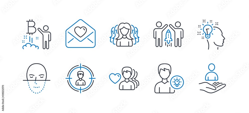 Set of People icons, such as Love letter, Bitcoin project, Partnership, Idea, Man love, Headhunting, Women group, Person idea, Face recognition, Recruitment line icons. Line love letter icon. Vector