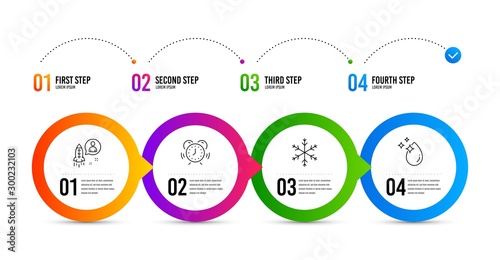 Startup, Time management and Snowflake line icons set. Timeline infographic. Water drop sign. Developer, Alarm clock, Snow. Crystal aqua. Science set. Startup icon. Timeline diagram. Vector