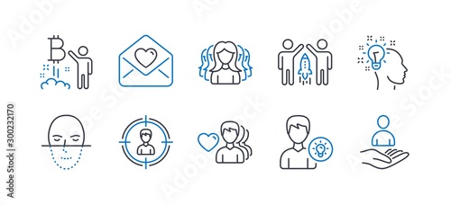 Set of People icons, such as Love letter, Bitcoin project, Partnership, Idea, Man love, Headhunting, Women group, Person idea, Face recognition, Recruitment line icons. Line love letter icon. Vector