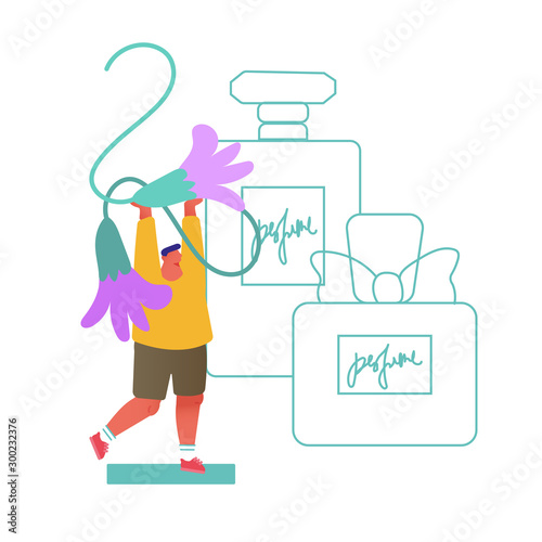 Male Perfumer Character Create New Perfume Fragrance. Tiny Man Bring Ingredients to Huge Sprayer Bottle with Toilet Water. Aroma Composition. Perfumery Cartoon Flat Vector Illustration, Line Art