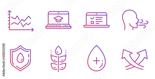 Oil serum, Diagram chart and Web lectures line icons set. Gluten free, Blood donation and Website education signs. Breathing exercise, Intersection arrows symbols. Gradient oil serum icon. Vector