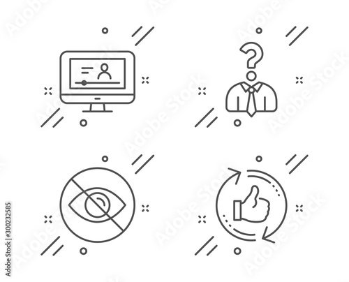 Online video, Hiring employees and Not looking line icons set. Refresh like sign. Video exam, Human resources, Eye care. Thumbs up counter. Business set. Line online video outline icon. Vector