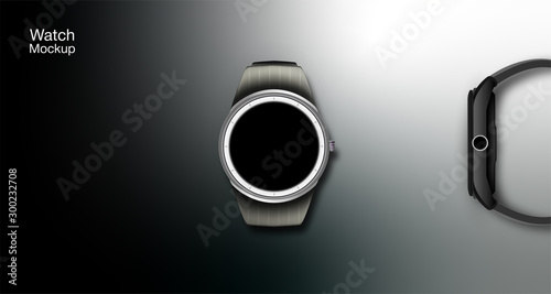Image of smart watch, and illustration of watch capabilities, calls, location and management. Vector illustration.