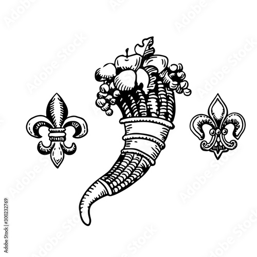 cornucopia-horn of plenty and floral Heraldic elements. gerb symbol of wealth, riches. vector illustration photo