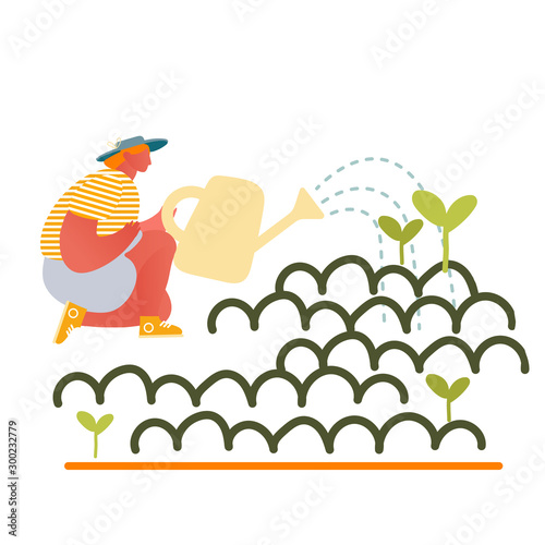 Happy Girl Gardening at Home or in Greenhouse Watering Plants from Can. Homework Woman Character Caring of Flowers and Herbs , Horticulture and Olericulture Hobby Cartoon Flat Vector Illustration