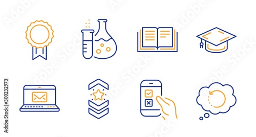 Chemistry flask, Mobile survey and E-mail line icons set. Shoulder strap, Education and Graduation cap signs. Reward, Recovery data symbols. Laboratory, Phone quiz test. Education set. Vector