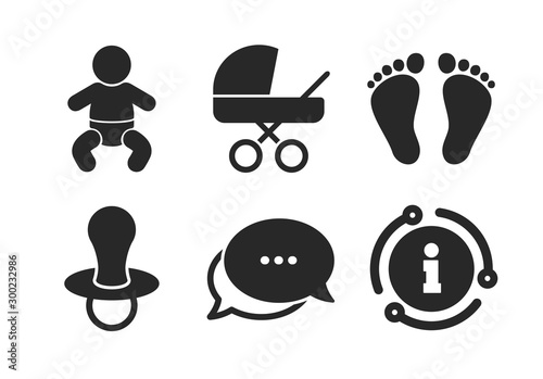 Toddler boy with diapers symbol. Chat, info sign. Baby infants icons. Buggy and dummy signs. Child pacifier and pram stroller. Child footprint step sign. Classic style speech bubble icon. Vector