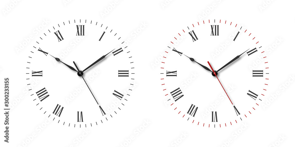Vector Classic Simple Wall Clock or Watch Dial with Roman Numbers Set Isolated on White Background. Design Template. Front View Vector Classic Simple Wall Clock or Watch Dial with Roman Numbers Set Isolated on White Background. Design Template. Front View
