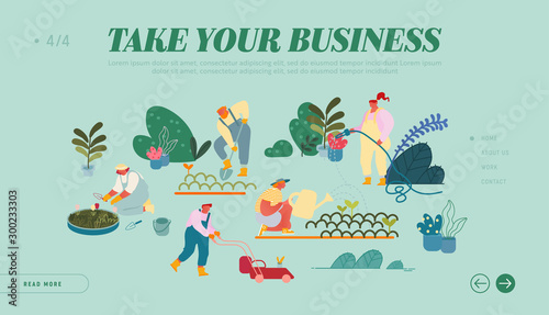 Happy Characters Working in Summer Garden Website Landing Page. Men and Women Farmers or Gardeners Planting and Caring of Trees and Plants. Gardening Web Page Banner. Cartoon Flat Vector Illustration